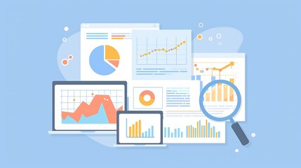 A collection of digital analytics reports displaying graphs, charts, and data visualizations on various devices, set against a light blue background.