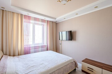 interior room apartment bedroom with bed, cozy place to sleep and relax