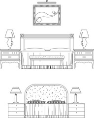 vector sketch, silhouette illustration, design drawing, interior detail of a luxury bed