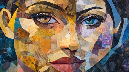 Fototapeta premium A Captivating Portrait of a Woman: A Mosaic of Colors and Textures. Explore the interplay of vibrant hues and fragmented shapes in this stunning artwork, capturing the essence of a woman's gaze.