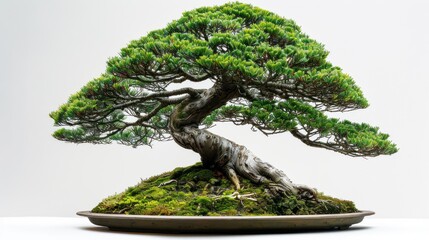 A beautifully styled bonsai tree on a moss-covered base, showcasing nature's artistry.