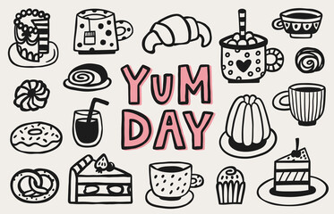 Yam day hand drawn doodle elements. Bakery cafe doodle vector set with cake, a cup of coffee, donut, cupcake, and tea.