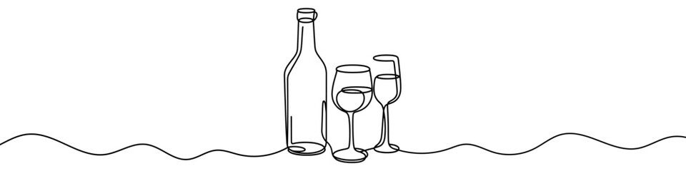 Bottle of wine and a glass are depicted in a continuous line drawing style. Vector illustration.