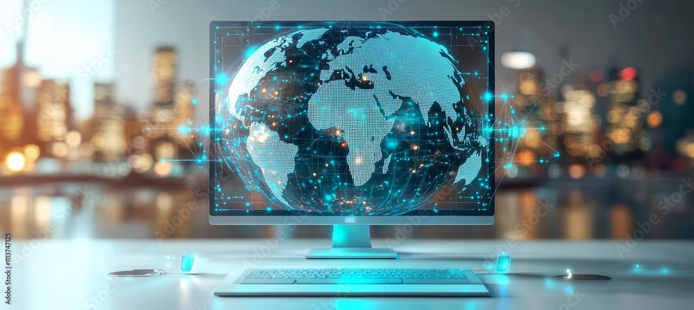 Aufkleber Earth map on computer monitor screen. Global internet network telecom and communication. Generative AI technology.	
