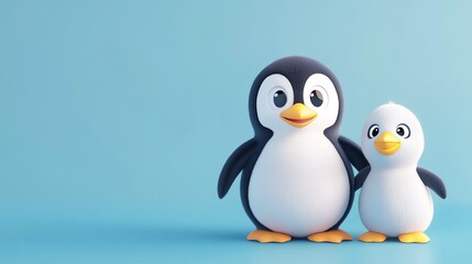Obraz premium A cartoon penguin stands next to a smaller penguin on a blue background.