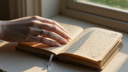 Fototapeta premium Hand gently touching an open journal with handwritten notes beside a sunlit window 