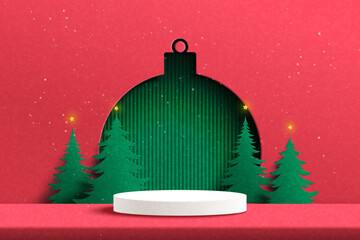 Merry Christmas and Happy new year background. White cylinder podium on red background decorated with christmas tree,christmas ball and stars..Paper art vector illustration.