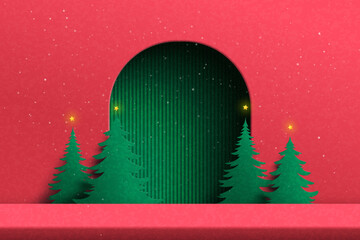 Merry Christmas and Happy new year background. Red background decorated with christmas tree and stars..Paper art vector illustration.