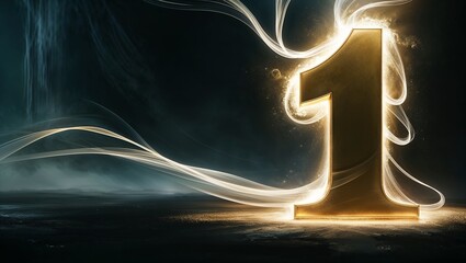 Shiny golden number one illuminated with glowing effects in a dark atmospheric background
