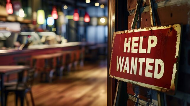 A rustic "Help Wanted" sign hangs inside a cozy restaurant, indicating job openings in a warm, inviting atmosphere. - Powered by Adobe