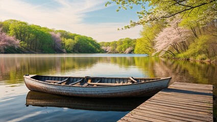 Obraz premium Tranquil boat resting on the calm lake with blooming trees and a wooden pier in a spring landscape