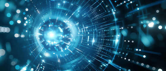 Obraz premium Futuristic blue tunnel of swirling data and light particles.