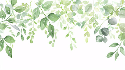Herbal Minimalist Banner: Hand-painted vector banner with plants, branches, and leaves on a white background. Greenery wedding simple horizontal template in watercolor style. 