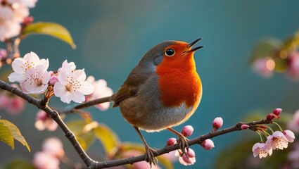 Vibrant robin perched on a cherry blossom branch, singing in a peaceful spring setting