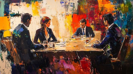 Dynamic Brushstrokes Capture the Intensity of a Business Meeting: A Vivid Painting of Professionals in Discussion