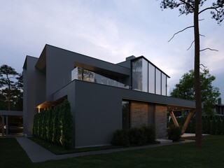 3D visualization of a modern luxury house. House next to the forest. Panoramic windows in the house. Unique architecture. Evening illumination of the facade