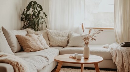 Cozy living room with plants and soft furnishings