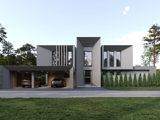 3D visualization of a modern luxury house. House near the forest. Panoramic windows in the house. Unique architecture
