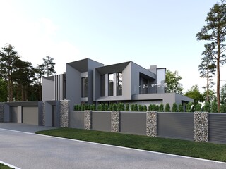 3D visualization of a modern luxury house. House near the forest. Panoramic windows in the house. Unique architecture