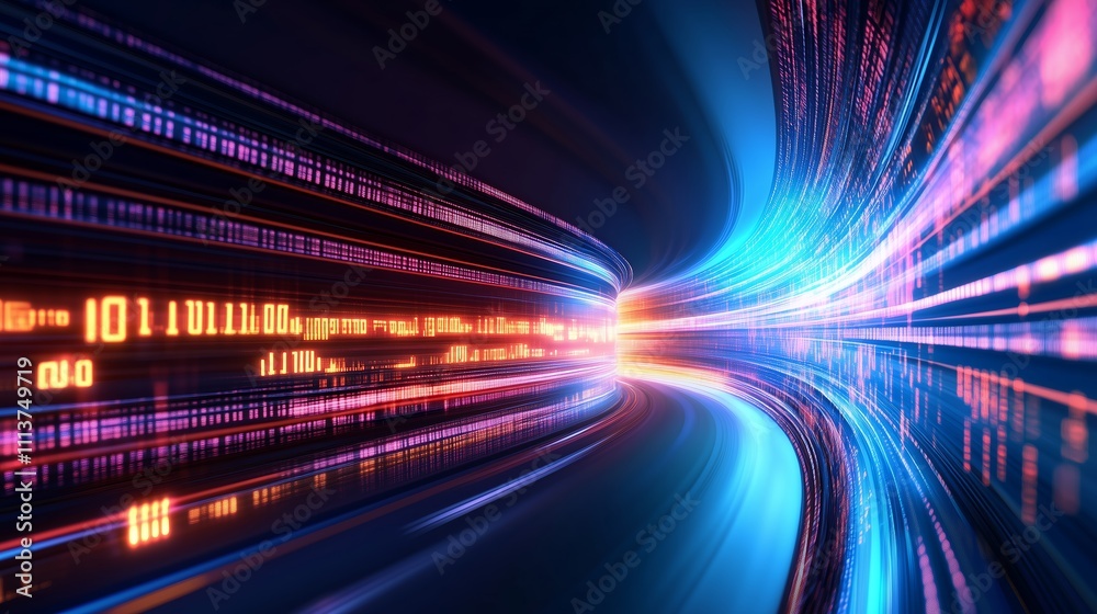 Poster colorful abstract digital light trails depicting fast data transfer in a futuristic environment with