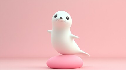A cute cartoon baby seal with big eyes stands on a pink ball on a pink background.