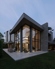 3D visualization of a modern luxury house. House next to the forest. Panoramic windows in the house. Unique architecture. Evening illumination of the facade
