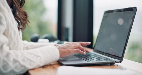 Hands, woman or writer on laptop in home or hotel for media blog, remote work or copywriting. House, email or closeup of digital nomad on technology for freelancing, research or online publication - Powered by Adobe