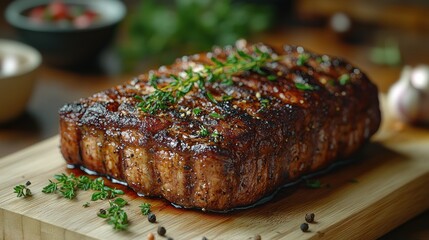Close-Up Perfectly Cooked Beef Brisket on Wooden Cutting Board with Juicy Meat Charred Crust Fresh Herbs Rustic Kitchen