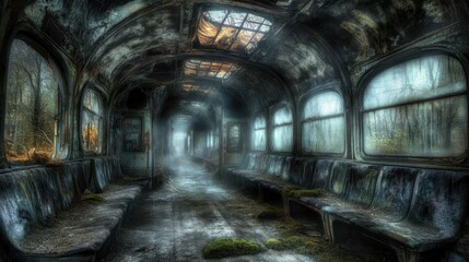Obraz premium Eerie Abandoned Train Carriage in the Mist