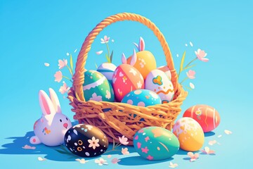 A Basket Full of Colorful Easter Eggs with a Bunny and Flowers