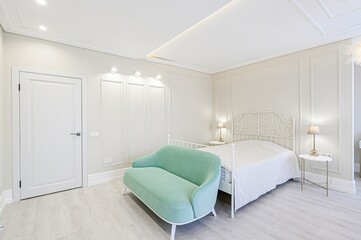 interior room apartment bedroom with bed, cozy place to sleep and relax