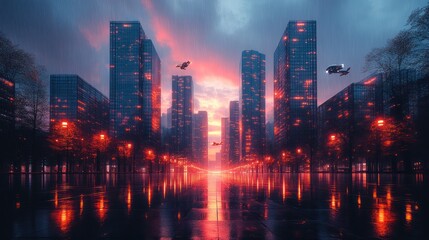 Fototapeta premium Futuristic city at sunset, drones flying, wet street reflection.