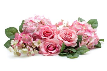 Flower arrangement with pink roses and hydrangea isolated on white.