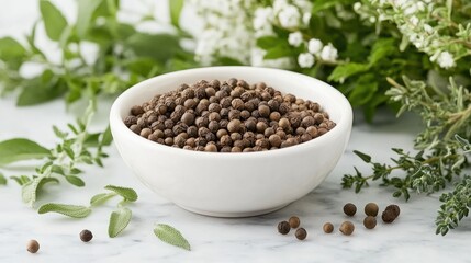 A bowl of whole peppercorns surrounded by fresh herbs and spices, illustrating the variety of flavors used in gourmet cooking