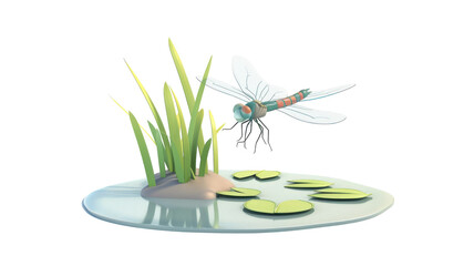Vibrant 3D Cartoon Style Dragonfly Hovering Above a Pond