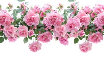 Fototapeta premium Pink roses border on white background.