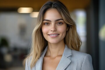 Obraz premium Confident young Indian woman in striped blazer smiling in modern office setting