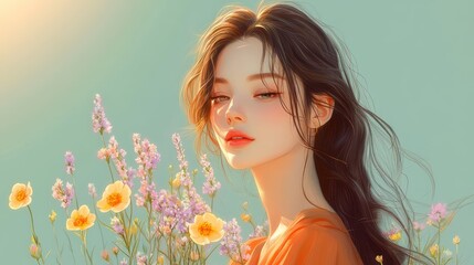 Naklejka premium Woman Holding Wildflowers in Serene Portrait