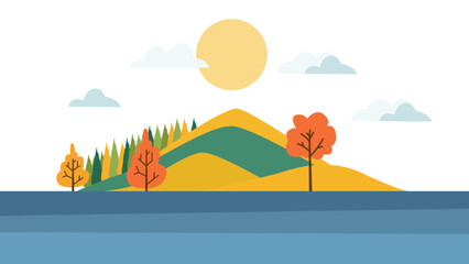 River Lake Nature Landscape with Hill Mountain and Sun in Bright Sky in Autumn Fall Season