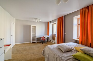 interior room apartment bedroom with bed, cozy place to sleep and relax