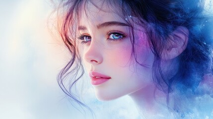 Soft Watercolor Portrait of a Young Woman with Flowing Hair in Pastel Colors and Dreamy Lighting