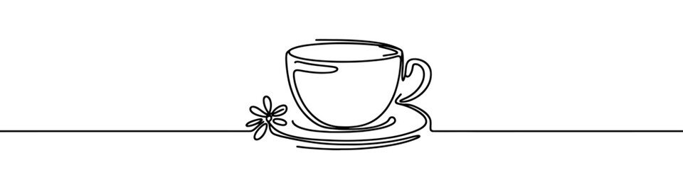 One continuous line illustration of a cup of tea, isolated on white background. Line art of a cup of tea
