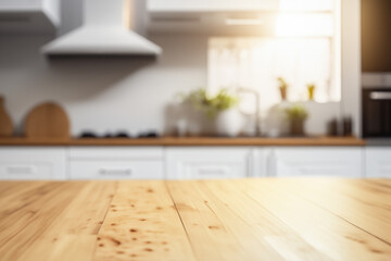 Empty wooden table with the bright white interior of the kitchen as a blurred background behind the bokeh golden sunshine