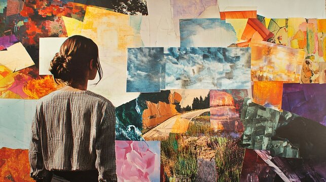 A Collage of Memories: Woman Contemplates Life's Journey Through Abstract Landscapes and Evocative Imagery