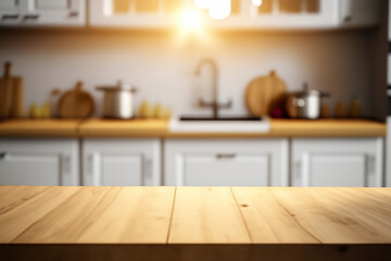 Fototapeta premium Empty wooden table with the bright white interior of the kitchen as a blurred background behind the bokeh golden sunshine
