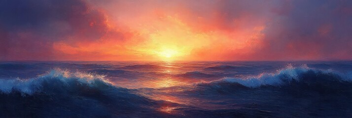 Obraz premium Sunset Landscape Sky Autumn Sunrise Over Beach Sea Nature Scenic Illustration with Warm Colors and Gentle Waves