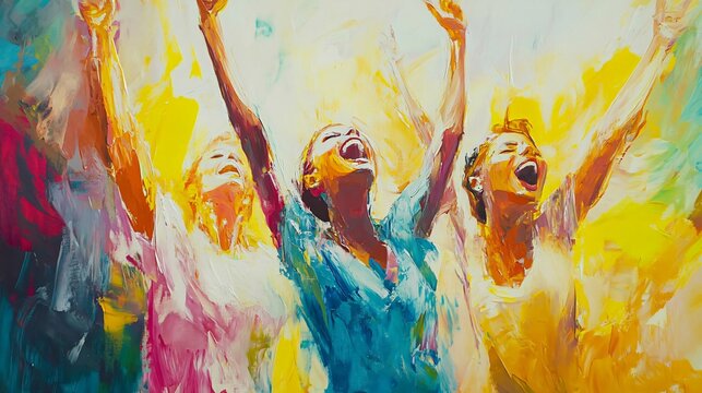A vibrant painting of joyful women celebrating with raised arms, expressing freedom, unity, and spiritual passion through movement and color.
