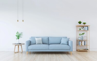 Fototapeta premium Minimalist living room interior with a light blue sofa. wooden coffee table. bookshelf. and plants against a white wall