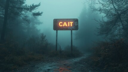 Glowing signpost 'CAIT' in a misty forest.