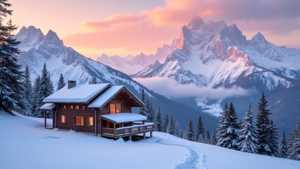 Fototapeta premium Scenic Winter Landscape with a Wooden House in Snowy Mountains at Sunset